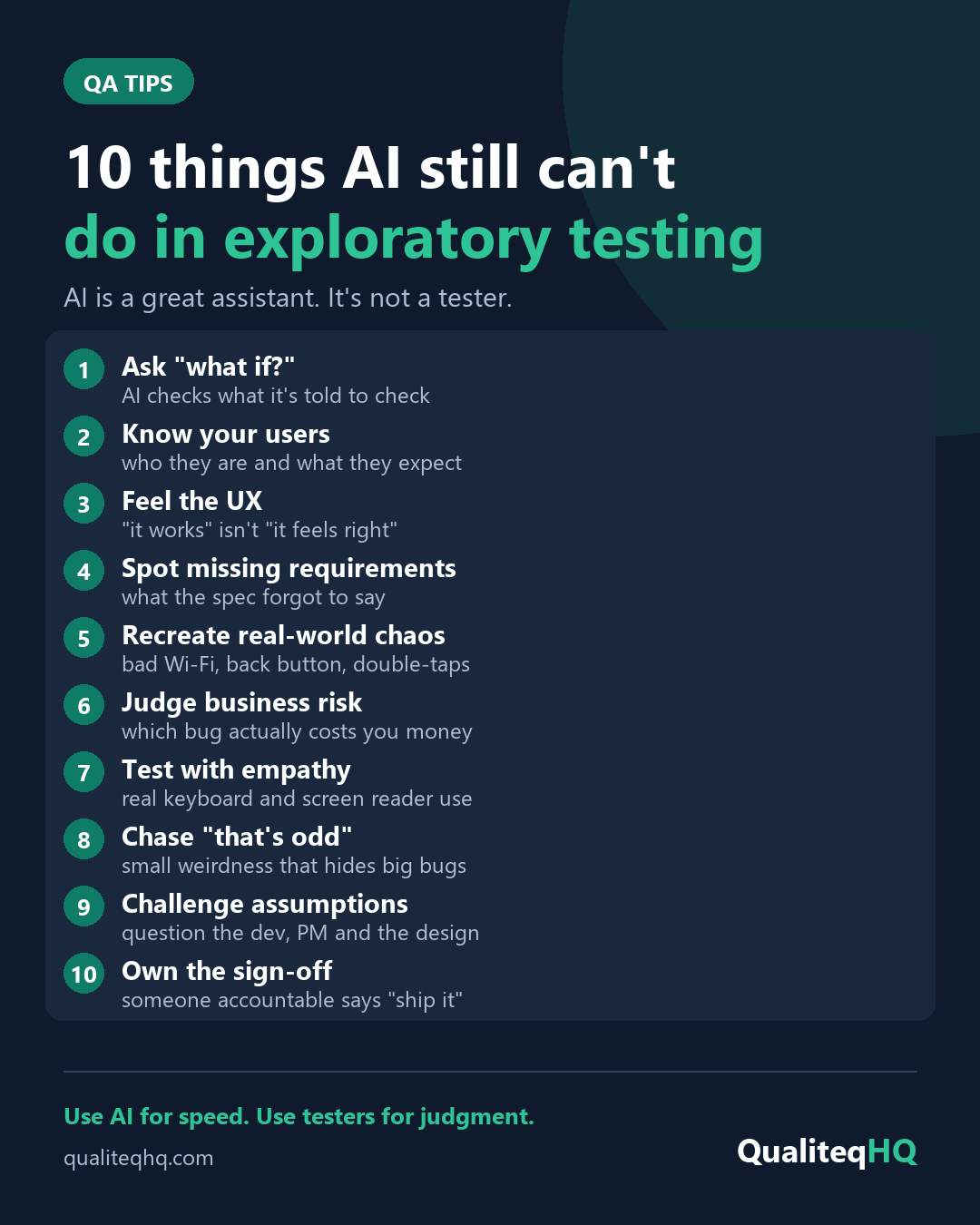 Summary graphic of the 10 things AI still can't do in exploratory testing